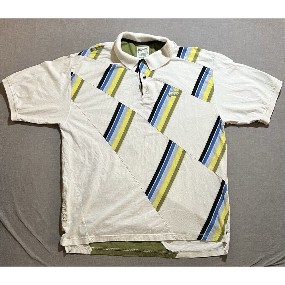 Akdmks Polo Shirt Mens XL White Short‎ Sleeve Hip Hop Logo Striped VTG Y2K.